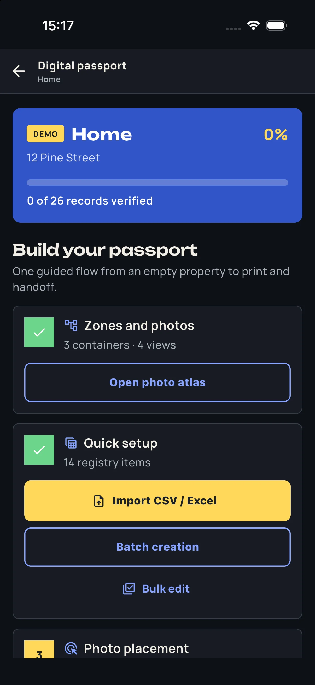 HouseOps digital passport completion flow