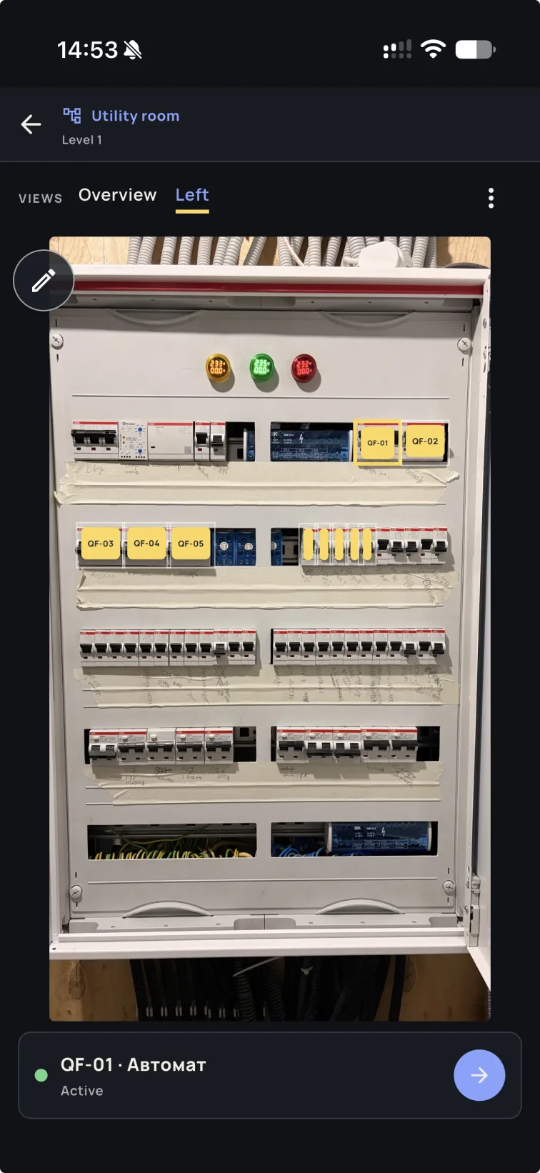HouseOps photo atlas showing labeled breakers in a real electrical panel